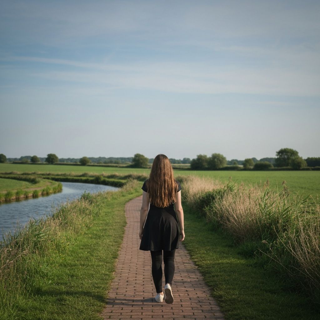 Distant figure walking on canal towpath