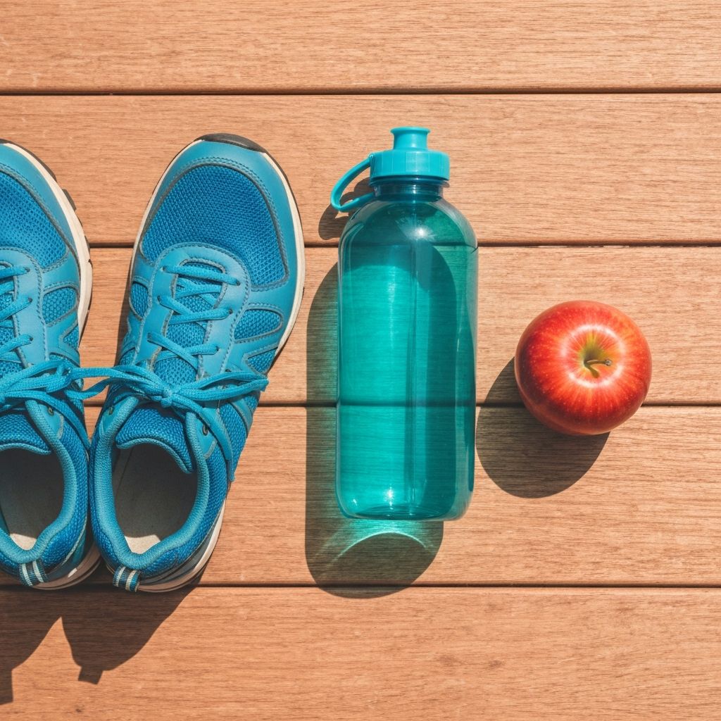 Walking shoes with water bottle and apple